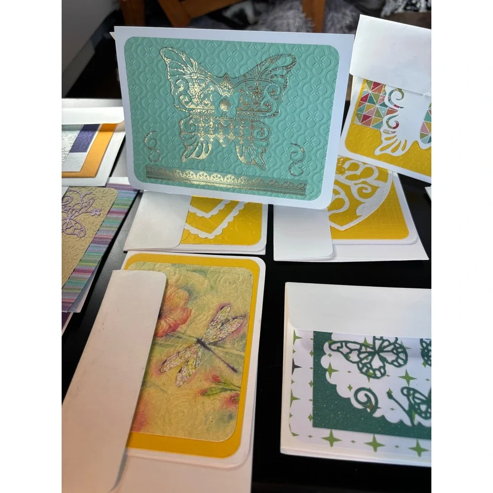 10 Handmade Butterfly Greeting Card Set Embossed Gold Foil Dragonfly Mixed Media